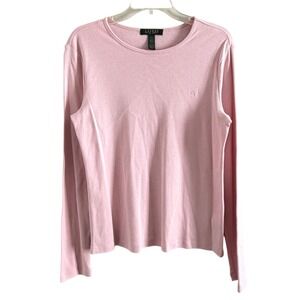 Lauren Ralph Lauren Womens Petite Large Pink Long Sleeve Crew Neck Cotton Tee